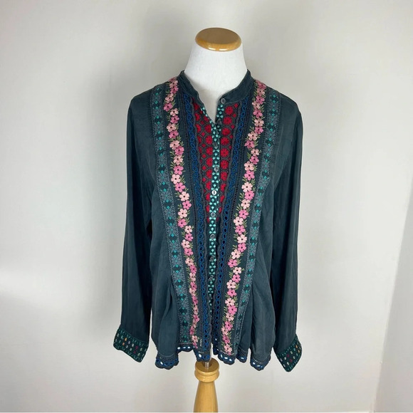 Johnny Was Floral Embroidered Button Down Shirt Blue Size S - Picture 1 of 5